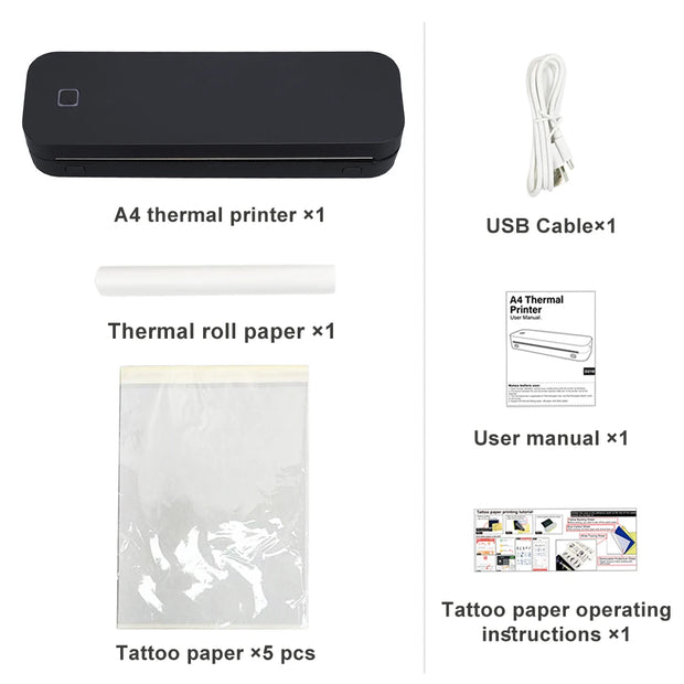 Portable A4 Thermal Printer Document Tattoo Printer Bluetooth Wireless Mini Printer Notes lmage Photo Printing Machine A4 Paper