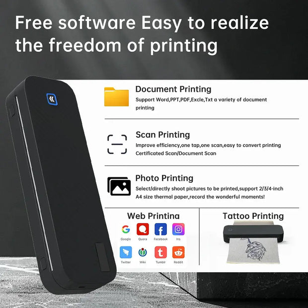 Portable A4 Thermal Printer Document Tattoo Printer Bluetooth Wireless Mini Printer Notes lmage Photo Printing Machine A4 Paper