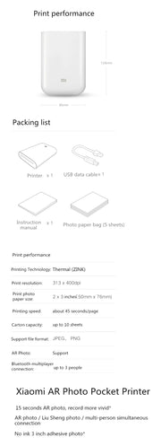 Xiaomi AR Printer 300dpi Portable Photo Mini Pocket With DIY Share 500mAh Picture Printer Pocket Printer Work With Mihome APP