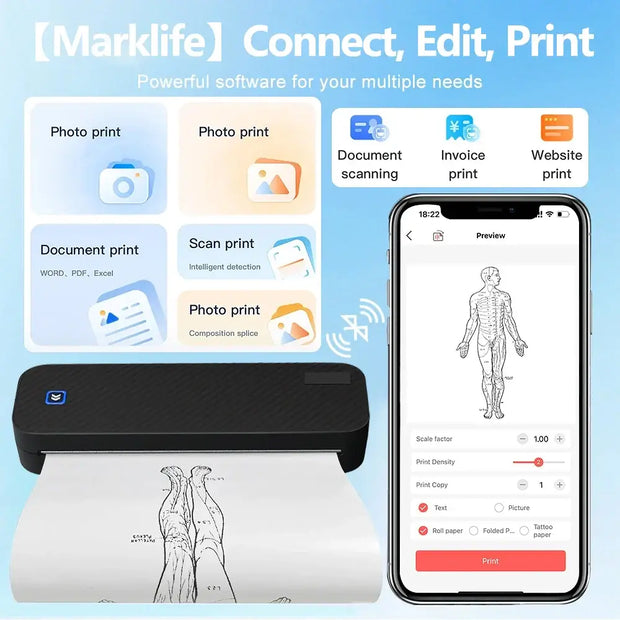 Portable A4 Thermal Printer Document Tattoo Printer Bluetooth Wireless Mini Printer Notes lmage Photo Printing Machine A4 Paper